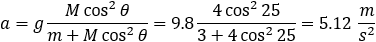 a=g (M cos^2⁡θ)/(m+M cos^2⁡θ )=9.8 (2 cos^2⁡30)/(3+2 cos^2⁡30 )=3.27  m/s^2