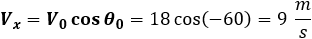 V_x=V_0  cos⁡〖θ_0 〗=18 cos⁡〖60=9 m/s〗