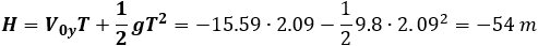 H=V_0y T+1/2 gT^2=-15.59∙2.09-1/2 9.8∙2〖.09〗^2=-54 m