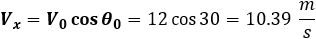 V_x=V_0  cos⁡〖θ_0 〗=12 cos⁡〖30=10.39 m/s〗