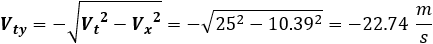 V_ty=√(〖V_t〗^2-〖V_x〗^2 )=√(25^2-〖10.39〗^2 )=22.74  m/s