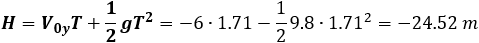 H=V_0y T+1/2 gT^2=-6∙1.31-1/2 9.8∙〖1.31〗^2=-16.27 m