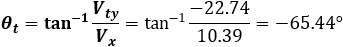 θ_t=〖tan〗^(-1)⁡〖V_ty/V_x 〗=tan^(-1)⁡〖(-22.74)/10.39〗=-65.44°