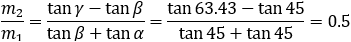 m_2/m_1 =(tan⁡γ-tan⁡β)/(tan⁡β+tan⁡α )=tan⁡〖63.43-tan⁡45 〗/(tan⁡45+tan⁡45 )=0.5