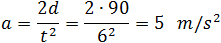 a=2d/t^2 =(2∙20)/4^2 =2.5   m/s^2