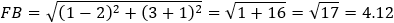 FB=√((1-2)^2+(3+1)^2 )=√(1+16)=√17=4.12