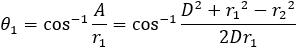 θ_1=2 cos^(-1)⁡〖A/r_1 〗=2 cos^(-1)⁡〖(〖r_1〗^2-〖r_2〗^2+D^2)/(2Dr_1 )〗