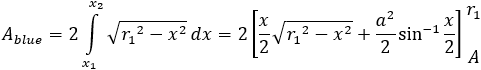 A_blue=∫_(x_1)^(x_2)▒√(〖r_1〗^2-x^2 ) dx