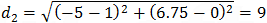 d_2=√((-5-1)^2+(6.75-0)^2 )=9