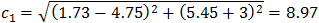 c_1=√((1.73-4.75)^2+(5.45+3)^2 )=8.97