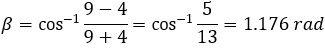 β=cos^(-1)〖(9-4)/(9+4)〗=cos^(-1)〖5/13〗=1.176 rad