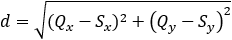 d=√((S_x-Q_x )^2+(S_y-Q_y )^2 )