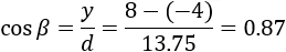 cosβ=y/d=(8-(-4))/13.75=0.87
